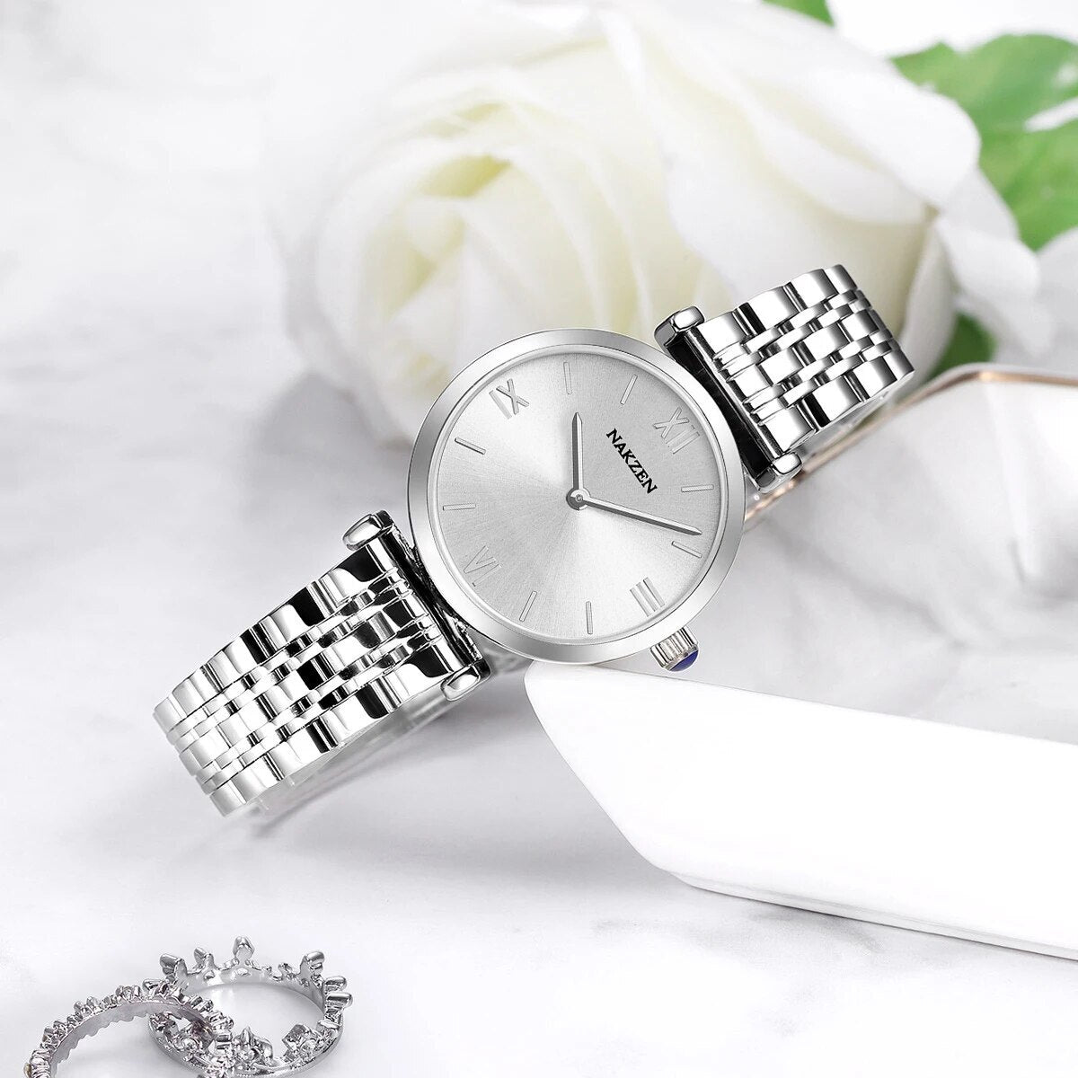 NAKZEN Luxury Crystal Watch Women Waterproof Rose Gold Steel Strap Ladies Wrist Watches Top Brand Bracelet Clock Relogio Feminino 4153-4