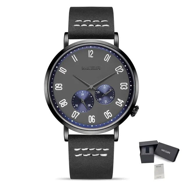 MEGIR Fashion Casual Men Watches Luxury Leather Quartz Sport Wristwatch Waterproof Luminous Clock Large Dial Relogio Masculino 1083-22