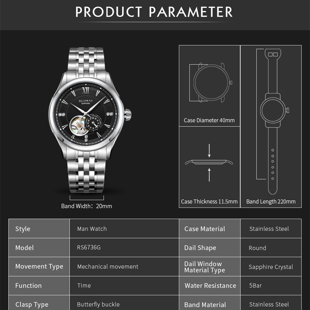 RUIMAS Luxury Men Mechanical Watches Sapphire Glass Stainless Steel Bracelet Business Casual WristWatch Clock Montre Homme 6736-5