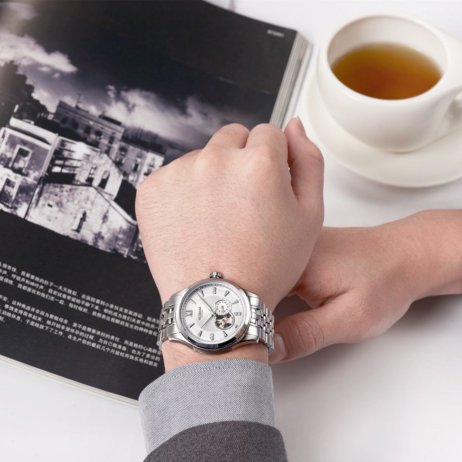 RUIMAS Luxury Men Mechanical Watches Sapphire Glass Stainless Steel Bracelet Business Casual WristWatch Clock Montre Homme 6736-3